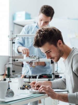 Engineering students working in the lab, a student is using a 3D printer in the background